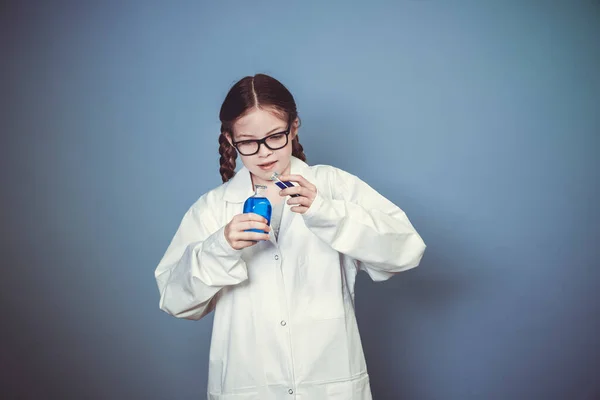 Pretty Girl Two Braids Dressed Scientist Experimenting Blue Liquids Wearing — Stock Photo, Image