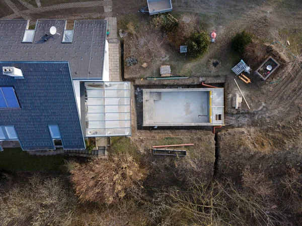 Luftbild Einer Drohne Von Pool Baustelle Einem Garten — Stockfoto