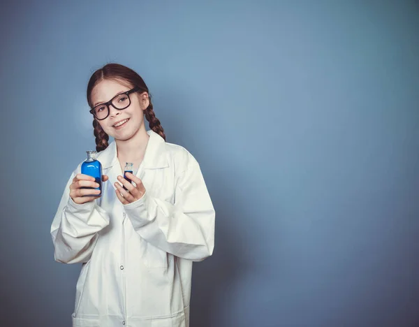 Pretty Girl Two Braids Dressed Scientist Experimenting Blue Liquids Wearing — Stock Photo, Image