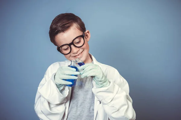 Cool School Boy Thick Black Glasses Dressed Scientist White Coat — Stock Photo, Image