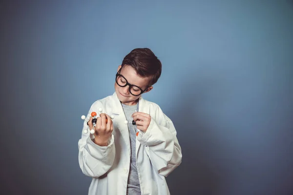 Cool Young Boy Dressed Scientist White Lab Coat Holding Model — Stock Photo, Image
