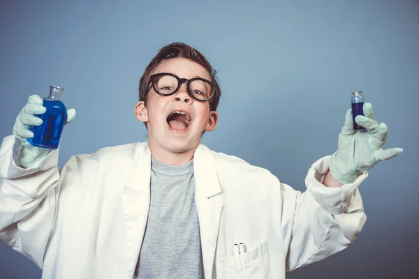 Cool School Boy Thick Black Glasses Dressed Scientist White Coat — Stock Photo, Image