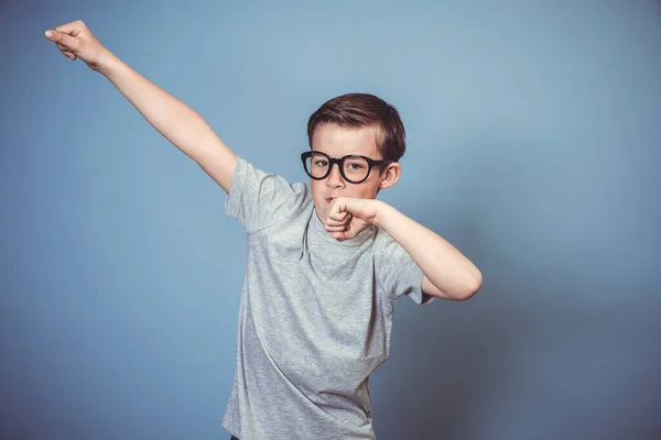 Cool School Boy Thick Black Glasses Posing Blue Background Studio — Stock Photo, Image