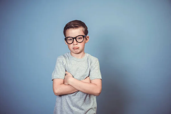 Cool School Boy Thick Black Glasses Posing Blue Background Studio — Stock Photo, Image