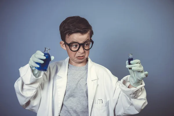 Cool School Boy Thick Black Glasses Dressed Scientist White Coat — Stock Photo, Image