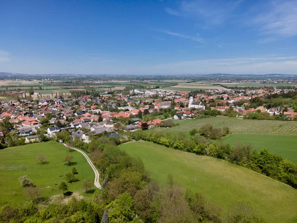 Aşağı Avusturya 'daki yeşil tepeler, çayırlar ve Viyana Ormanı' nın kıyısındaki taze ormanın insansız hava aracı fotoğrafı.
