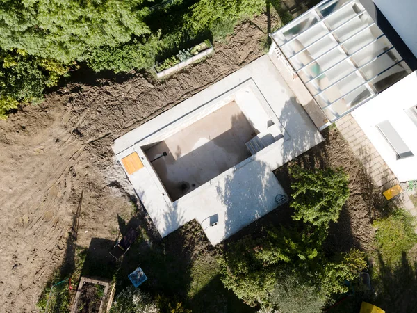 Drone Shot Pool Construction Site Garden Earth Pool Already Backfilled — Stock Photo, Image