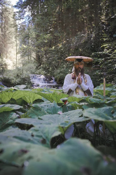 European Shugendo Monk Traditional Outfit Hiking Austrian Mountains — Stock Photo, Image