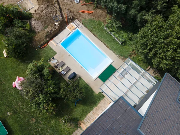 Aerial Drone Flight Pool Build Construction Site Pool Filled Water — Stock Photo, Image