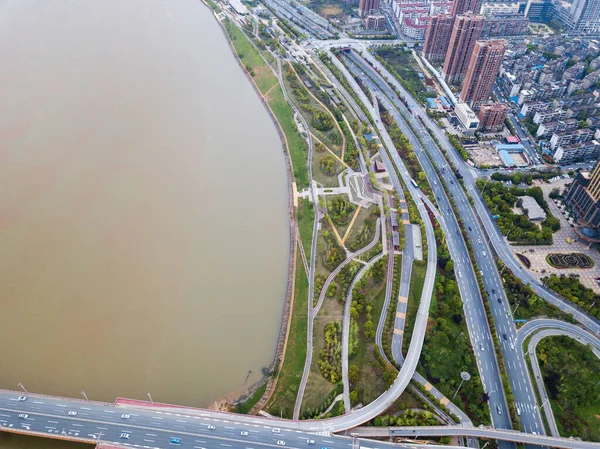 Transport Junction Traffic Road Vehicle Movement Aerial View Drone — Stock Photo, Image