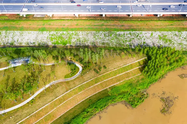 Luchtfoto Van Weg Bij Het Meer — Stockfoto