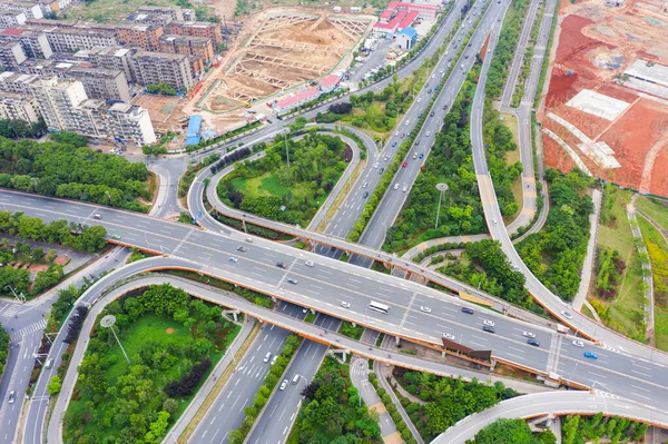 Transporte Estrada Tráfego Junção Com Visão Aérea Movimento Veículo Por — Fotografia de Stock