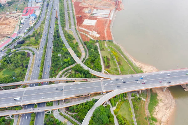 Transporte Cruce Tráfico Carretera Con Movimiento Del Vehículo Vista Aérea —  Fotos de Stock