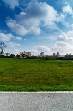Güzel ve rahat bir bahçede, boş bir sokak. Güzel mavi gökyüzünün altında.