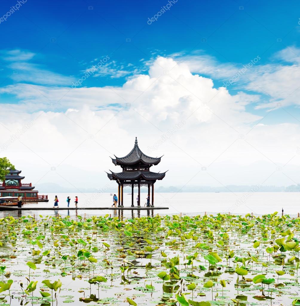 Ancient pavilion on lake in hangzhou