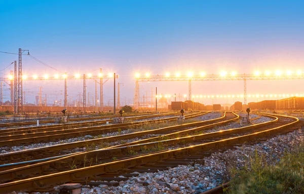 Plataforma de trem de carga ao pôr do sol com contêiner — Fotografia de Stock