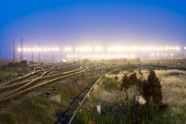 Gün batımında konteynırla birlikte kargo treni platformu