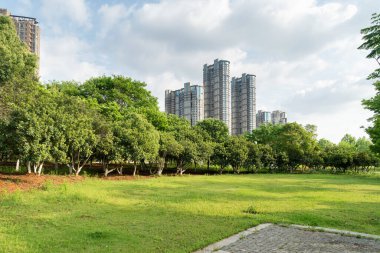Şangay 'da modern bina geçmişi olan şehir parkı.