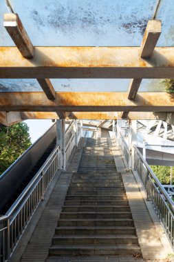 Close up and details of railing and stairs of pedestrian overpass