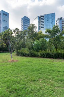 Şangay 'da modern bina geçmişi olan şehir parkı.