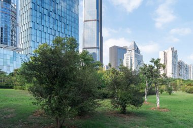 Şangay 'da modern bina geçmişi olan şehir parkı.