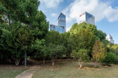 Şangay 'da modern bina geçmişi olan şehir parkı.