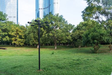 Şangay 'da modern bina geçmişi olan şehir parkı.