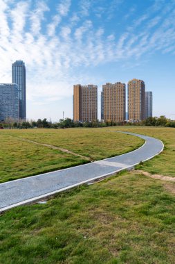 Şehir merkezi ve modern şehrin parkındaki çiçek tarlası.