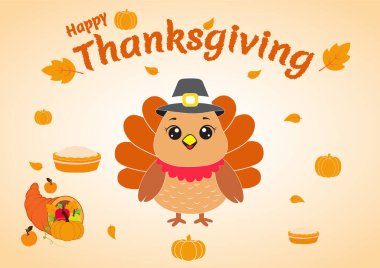 Şükran Günü için şirin çizgi film hindi karakteri. Geleneksel güz hasat elementleriyle çevrili, sevimli bir hindinin hacı şapkası taktığı neşeli bir vektör illüstrasyonu, balkabağı gibi, meyve dolu bir kornukopi, bir dilim balkabağı pi