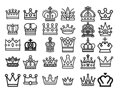 Modern ince çizgili bir taç seti. Web sitesi tasarımı ve mobil uygulamalar için yüksek kaliteli siyah taslak semboller. Beyaz zemin üzerinde basit doğrusal taç resimtogramları.