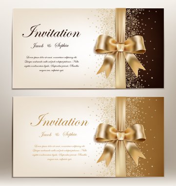 tow pretty wedding invitation with golden ribbon and bow. clipart