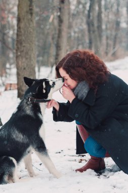 Kış parkta husky köpek olan kadın