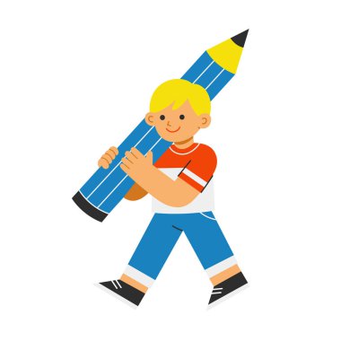 Pastel boya kalemini tutan sevimli bir çocuk. Okul konsepti illüstrasyonuna dönelim.