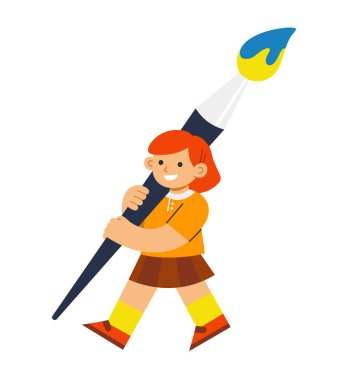 Elinde fırça tutan sevimli bir çocuk. Okul konsepti illüstrasyonuna dönelim.