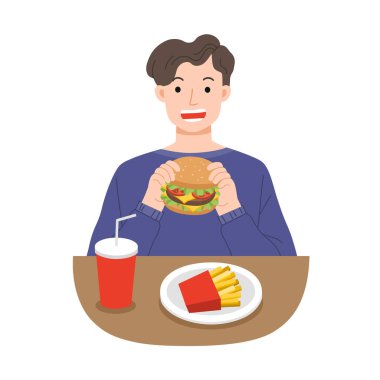 Patates kızartması ve soda ile hamburger yiyen genç adamlar. Ömür boyu fast food. Sağlıksız gıda konsepti.