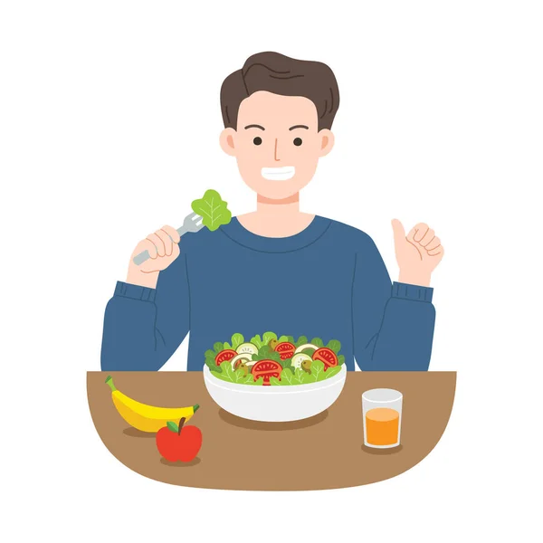 年轻人吃沙拉 终身饮食食品 有益健康的食物 健康和纯素食概念 — 图库矢量图片