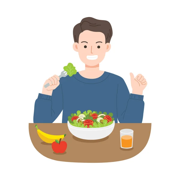 年轻人吃沙拉 终身饮食食品 有益健康的食物 健康和纯素食概念 矢量图形