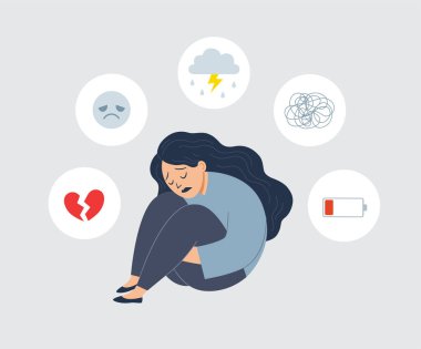 Akıl sağlığı konsepti. Genç bayan yerde oturuyor. Depresyondan muzdarip ve üzgün hissediyor. Stres ve psikolojik sorunlar.