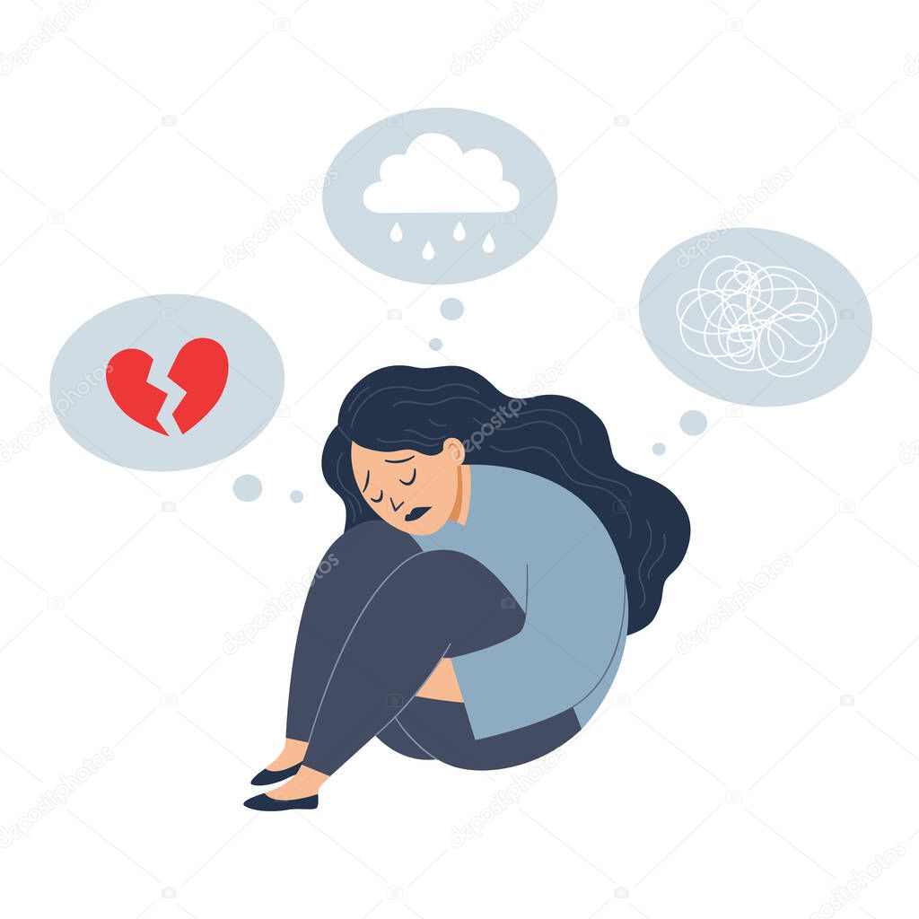 Mental health concept. Young woman is sitting on floor. She feeling sad and hopeless Suffer from depression. Stress and psychological problems.