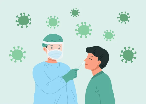 Koruyucu Ekipmanlarla Birlikte Sağlık Çalışanı Genç Adama Koronavirüs Örneği Veriyor — Stok Vektör