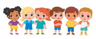 Çeşitli çocukların bir arada durup gülümsediği renkli bir çizgi film çizimi. Arkadaşlık, kapsama, takım çalışması, çocukluk çeşitliliği ve eğitimdeki olumlu sosyal etkileşimi temsil eder.