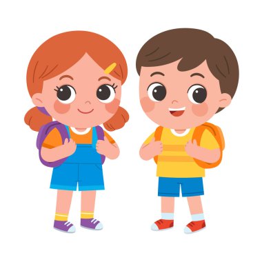Sırt çantalı, okula hazır gülümseyen bir kız ve erkek çocuk çizimi. Okula dönmek, eğitim, çocukluk arkadaşlığı, öğrenme ve çocuk yaşam tarzı kavramları için mükemmel..