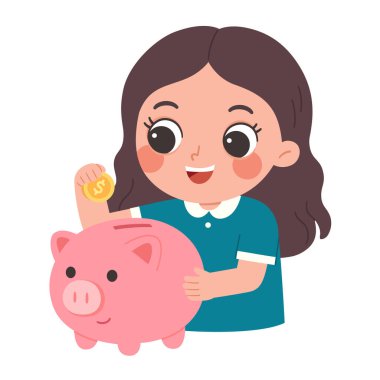 Pembe kumbarada para biriktiren, birikimleri, finansal okuryazarlığı, bütçeyi ve çocuklara akıllı para alışkanlıklarını öğreten mutlu bir kızın hoş bir çizgi film çizimi..