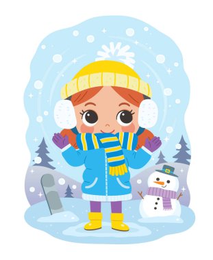 Kardan bir adamla karlı bir arazide duran, kışlık kıyafetli tatlı bir kız. Keyifli ve rahat kış havası, mevsimlik aktiviteler ve eğitim için mükemmel.