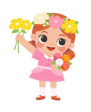 Çiçek açan bir bahar bahçesinde elinde çiçeklerle mutlu bir kız. Kelebekler ve çiçeklerle dolu canlı bir sahne, sevimli bir çizgi filmdeki büyüme ve neşeyi yansıtıyor..