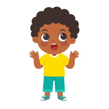 Şaşırmış, ağzı açık ve ellerini kaldırmış genç bir çocuk. Çocuklarda merak, keşif, şok ya da beklenmedik haberler için mükemmel bir tema..