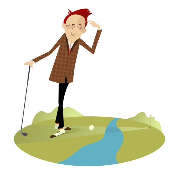 Golfer is thinking how to overcome a water hazard — Stock Vector