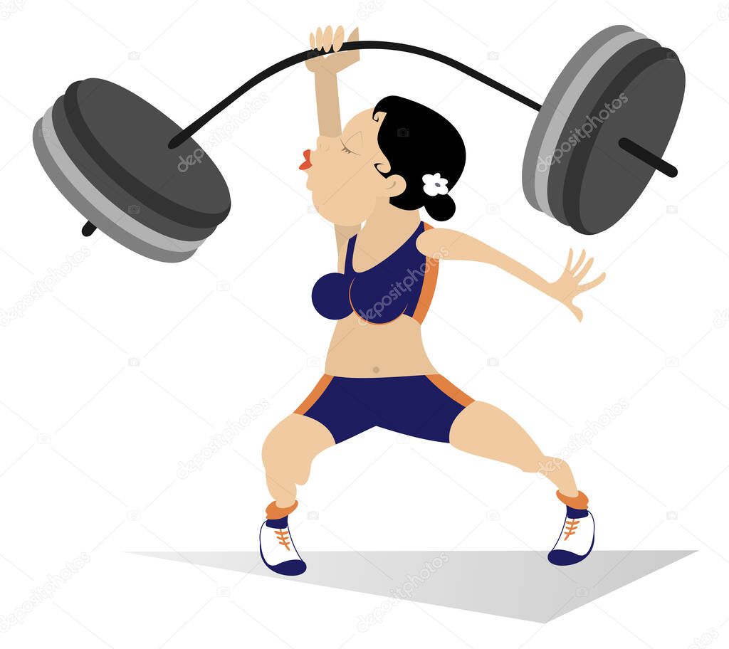 Cartoon woman weightlifter isolated illustration. Strong sexy young woman is trying to lift a heavy weight isolated on white