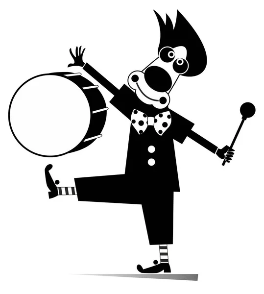 面白いピエロドラマー孤立イラスト 漫画のピエロビートA大ドラム使用してドラムスティック黒上の白 — ストックベクタ