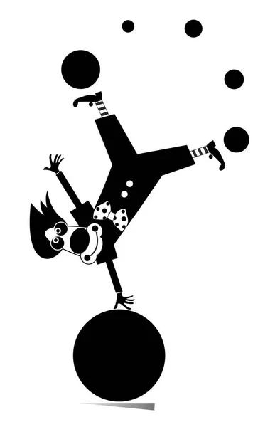 面白いピエロのイコライザーは ボールイラストをジャグリングします 漫画のピエロは 大きなボールの上に足をバランスさせ ボールをジャグリング白で黒 — ストックベクタ